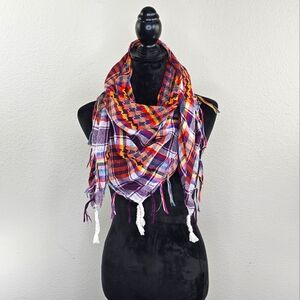Woven Plaid Houndstooth Fringe Scarf